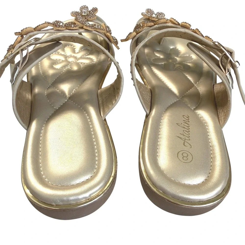 Womens Flower Rhinestones Thong Sandals Sz 8 Gold Summer Coquette Beach Vacation